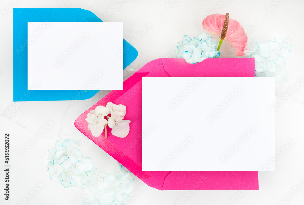 Vibrant envelopes blank invitation flat lay Vibrant envelopes blank invitation flat lay
