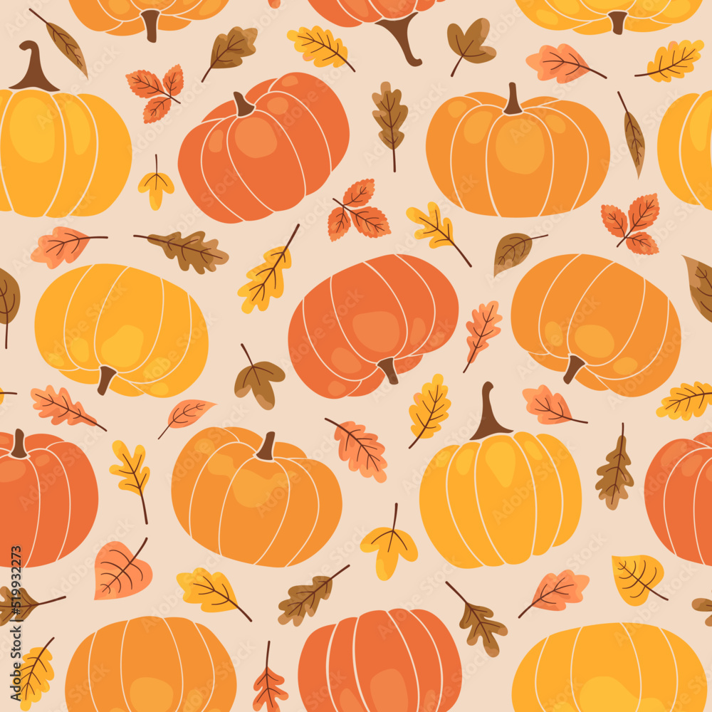 Seamless pattern of autumn pumpkins and leaves. Multicolored autumn harvest in yellow and orange colors. Ripe juicy pumpkins and falling leaves. Autumn background. Vector illustration. Seamless pattern of autumn pumpkins and leaves. Multicolored autumn harvest in yellow and orange colors. Ripe juicy pumpkins and falling leaves. Autumn background. Vector illustration.
