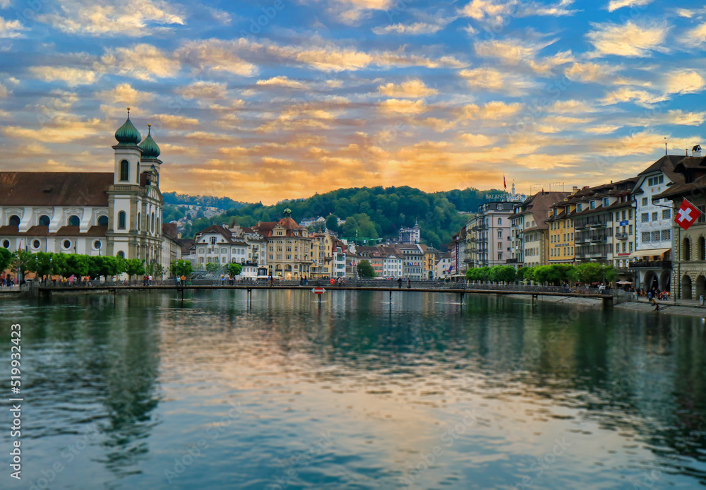 Zurich, Switzerland- MAY 28, 2020 historic city center of Lucerne with famous Chapel Bridge and lake Lucerne (Vierwaldstattersee), Canton of Lucerne, Switzerland.