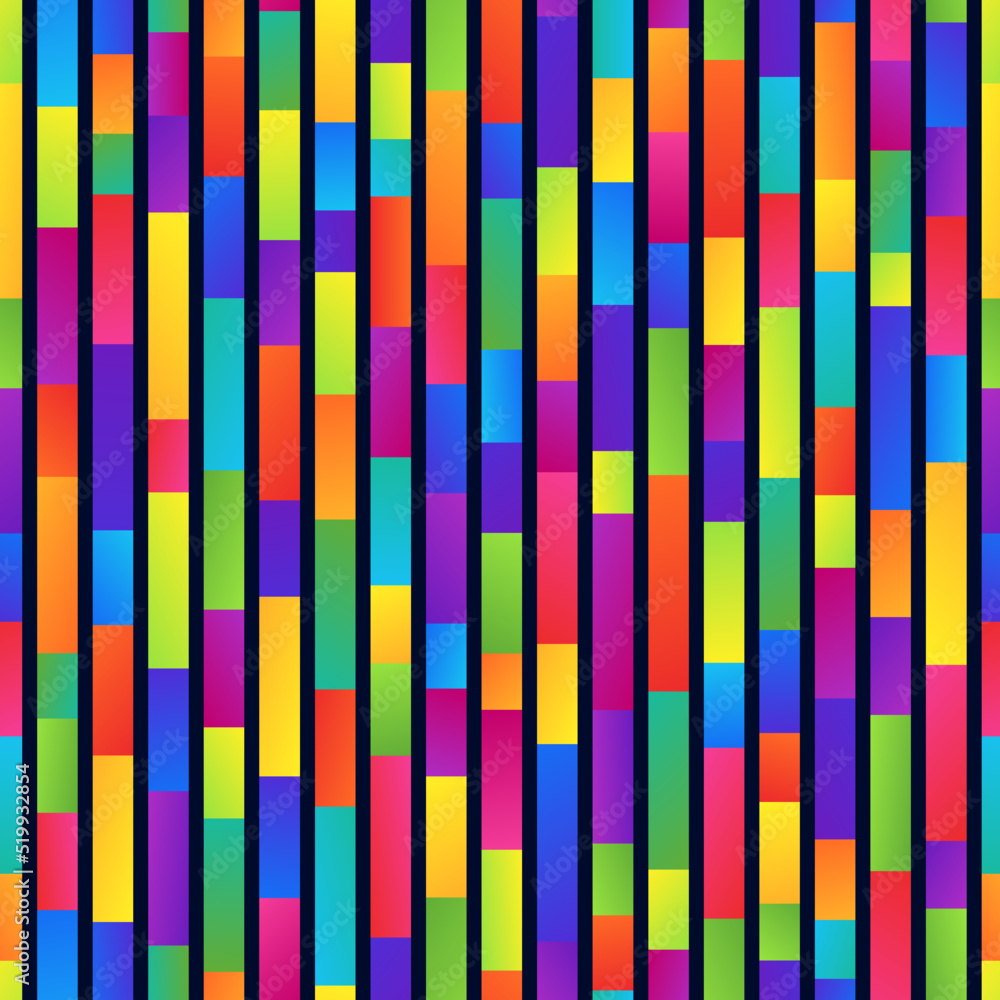 Colorful Bright Striped Seamless Pattern of Vertical Irregular Rectangles on Dark Backdrop. Colorful Bright Striped Seamless Pattern of Vertical Irregular Rectangles on Dark Backdrop.
