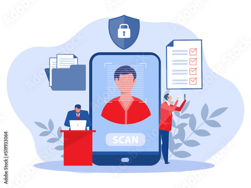 KYC or know your customer with business verifying the identity of its clients concept at the partners-to-be through a magnifying glass vector illustrator