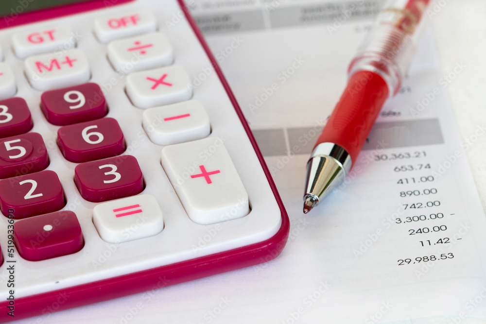 statement of bank for check expensive credit card with calculator arrangement flat lay style on background wooden statement of bank for check expensive credit card with calculator arrangement flat lay style on background wooden