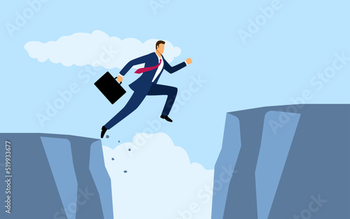 Cartoon illustration of a businessman jumps over the ravine, obstacle