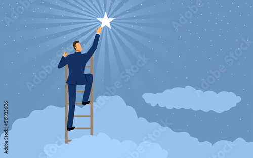Businessman reaching out for the star using ladder