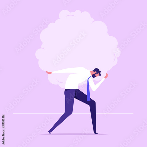 Over thinking, obsessive in work or too many problems that cannot make decision concept, tried depressed businessman carry heavy thinking bubble burden