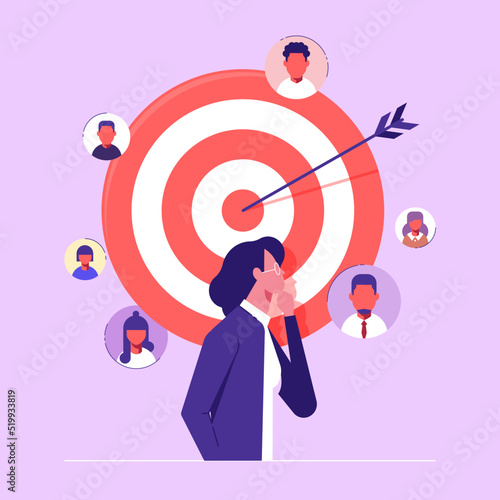 Businesswoman thinking about Customer attraction campaign, promotion, advertising. Target customer concept