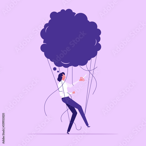 Stress elimination from busy work or toxic environment, changing behavior for better mental health, Woman cutting stress balloon string with scissors