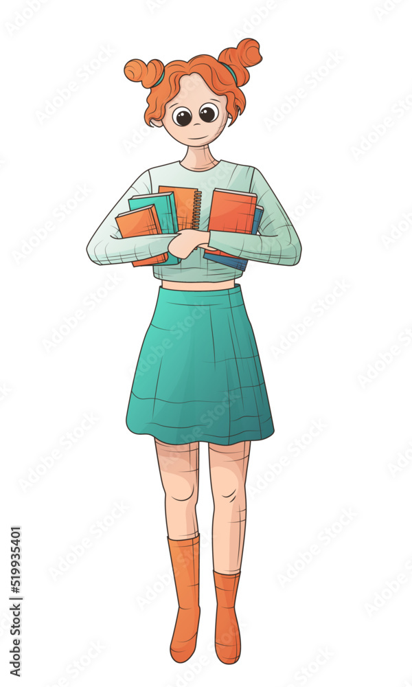 Vector illustration of girl with books in cartoon style. Hand-drawn character illustration for design and decoration, for school, library decoration. Bookstore, bookshop, library, reading concept. Vector illustration of girl with books in cartoon style. Hand-drawn character illustration for design and decoration, for school, library decoration. Bookstore, bookshop, library, reading concept.
