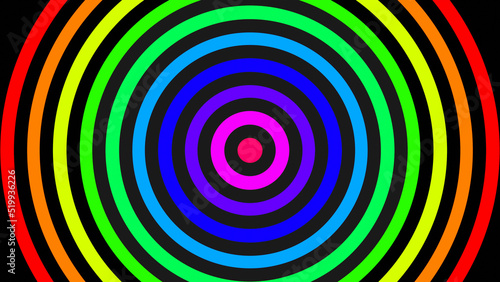 3D renderings. Colorful wave pattern on a black background. Background with many circles with gradient rainbow colors. Gradient colors in circumferences. Colorful background with patrin of curves.