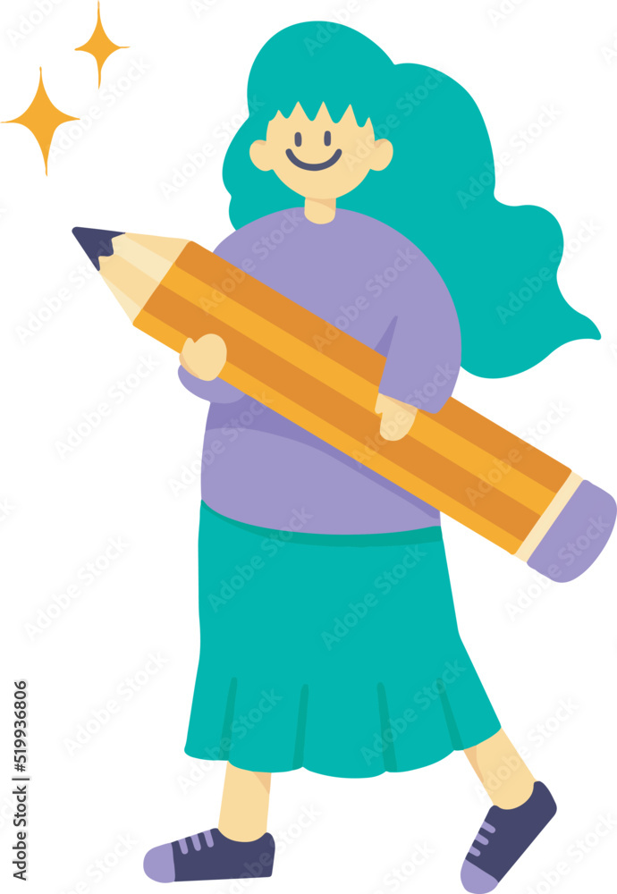 Green hair creative writer with green hair holding big orange pencil, young woman with smiling fresh, journalist, creative blogger, teenager's dream Green hair creative writer with green hair holding big orange pencil, young woman with smiling fresh, journalist, creative blogger, teenager's dream