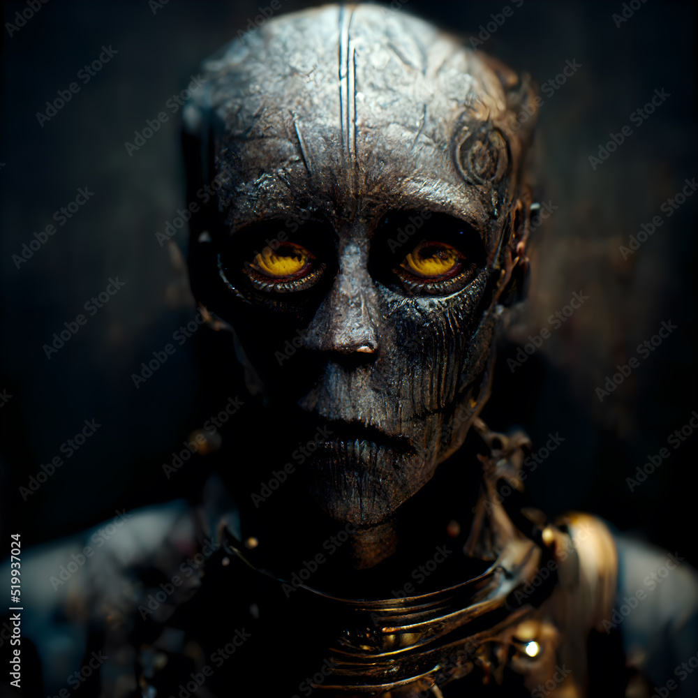 Alien Portrait 3D illustration with dramatic lighting in a front position reflecting the cultural heritage of another world Alien Portrait 3D illustration with dramatic lighting in a front position reflecting the cultural heritage of another world