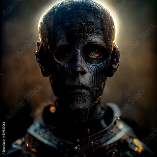 Alien Portrait 3D illustration with dramatic lighting in a front position reflecting the cultural heritage of another world