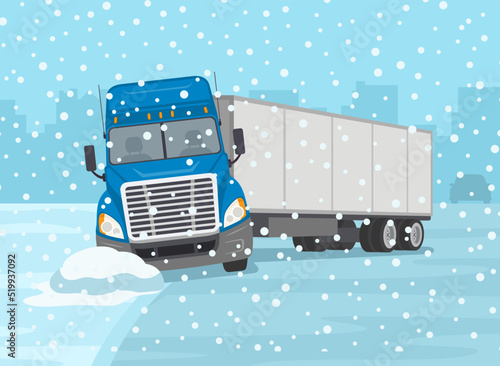 Safe car driving at winter season. Front view of a truck skidded across the icy road. Blue semi-truck loses control and gets stuck at the edge of the road. Flat vector illustration template.