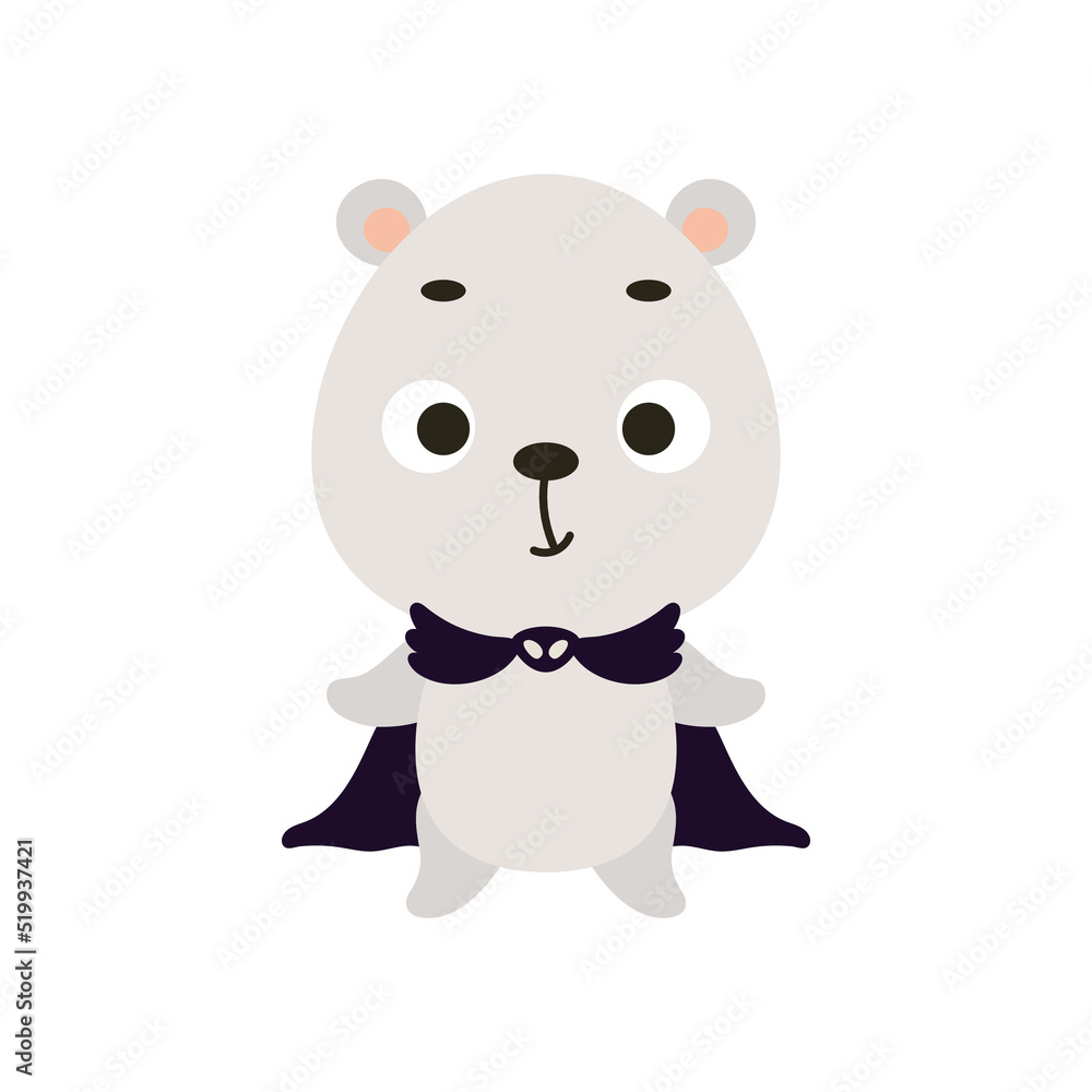 Cute little Halloween polar bear in a wizard costume. Cartoon animal character for kids t-shirts, nursery decoration, baby shower, greeting card, invitation, house interior. Vector stock illustration Cute little Halloween polar bear in a wizard costume. Cartoon animal character for kids t-shirts, nursery decoration, baby shower, greeting card, invitation, house interior. Vector stock illustration