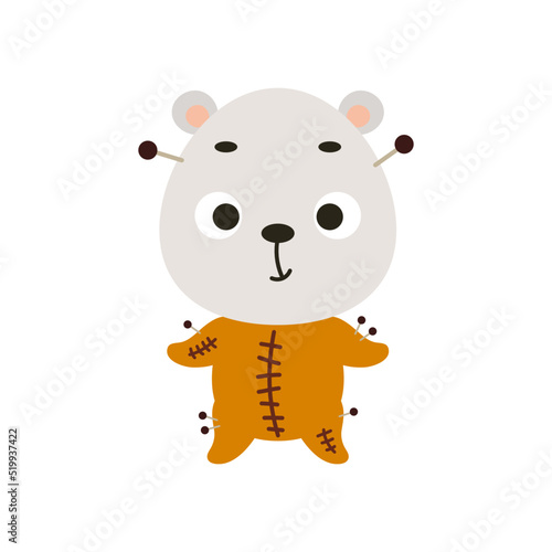 Cute little Halloween polar bear in a voodoo costume. Cartoon animal character for kids t-shirts, nursery decoration, baby shower, greeting card, invitation, house interior. Vector stock illustration