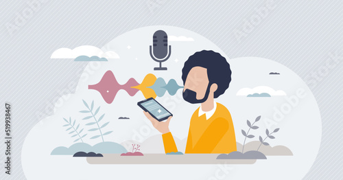 Voice assistant and smart technology for personal AI help tiny person concept. Device with sound recognition for communication and virtual robot talk vector illustration. Web software for smartphone.