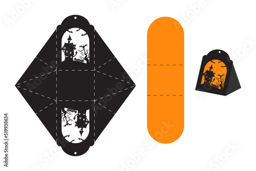 Happy Halloween treat box. Gift party favor box for sweets, candies, small presents, bakery. Simple packaging die cut template for laser cut with trees, house and bats