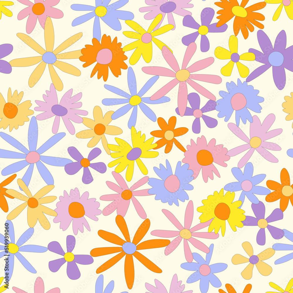 Floral seamless vector pattern. Nostalgic retro 60s-70s groovy print. Vintage floral background. Textile and surface design with old fashioned hand drawn naive colorful flowers Floral seamless vector pattern. Nostalgic retro 60s-70s groovy print. Vintage floral background. Textile and surface design with old fashioned hand drawn naive colorful flowers