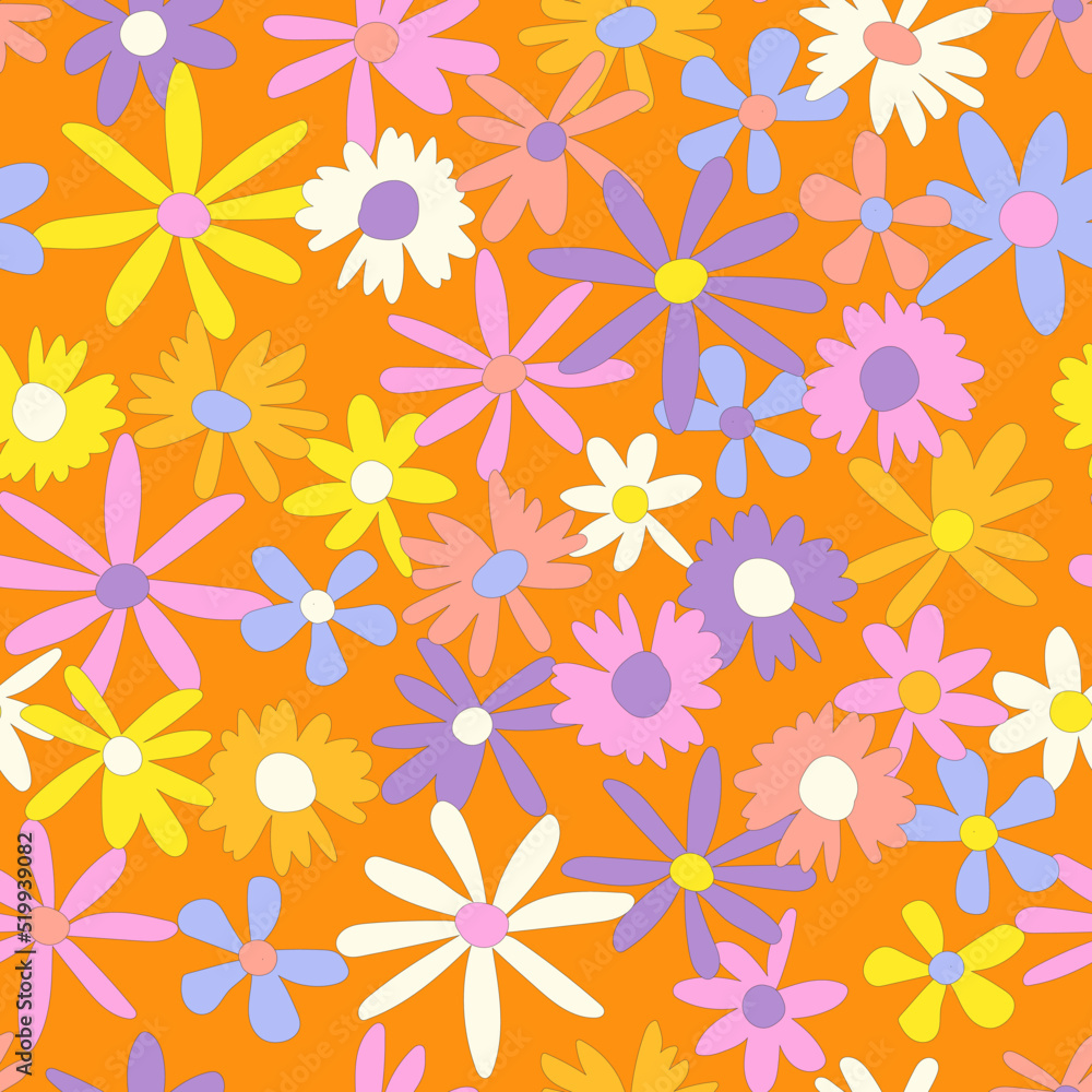 Floral seamless vector pattern. Nostalgic retro 60s-70s groovy print. Vintage floral background. Textile and surface design with old fashioned hand drawn naive colorful flowers Floral seamless vector pattern. Nostalgic retro 60s-70s groovy print. Vintage floral background. Textile and surface design with old fashioned hand drawn naive colorful flowers