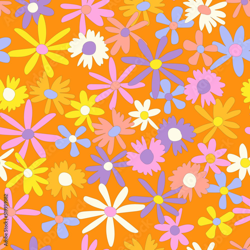 Floral seamless vector pattern. Nostalgic retro 60s-70s groovy print. Vintage floral background. Textile and surface design with old fashioned hand drawn naive colorful flowers