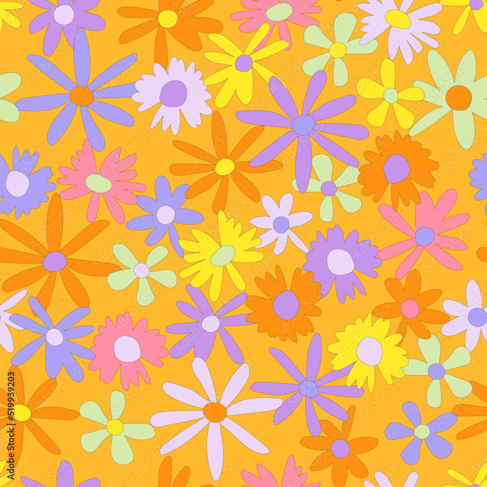 Floral seamless vector pattern. Nostalgic retro 60s-70s groovy print. Vintage floral background. Textile and surface design with old fashioned hand drawn naive colorful flowers Floral seamless vector pattern. Nostalgic retro 60s-70s groovy print. Vintage floral background. Textile and surface design with old fashioned hand drawn naive colorful flowers