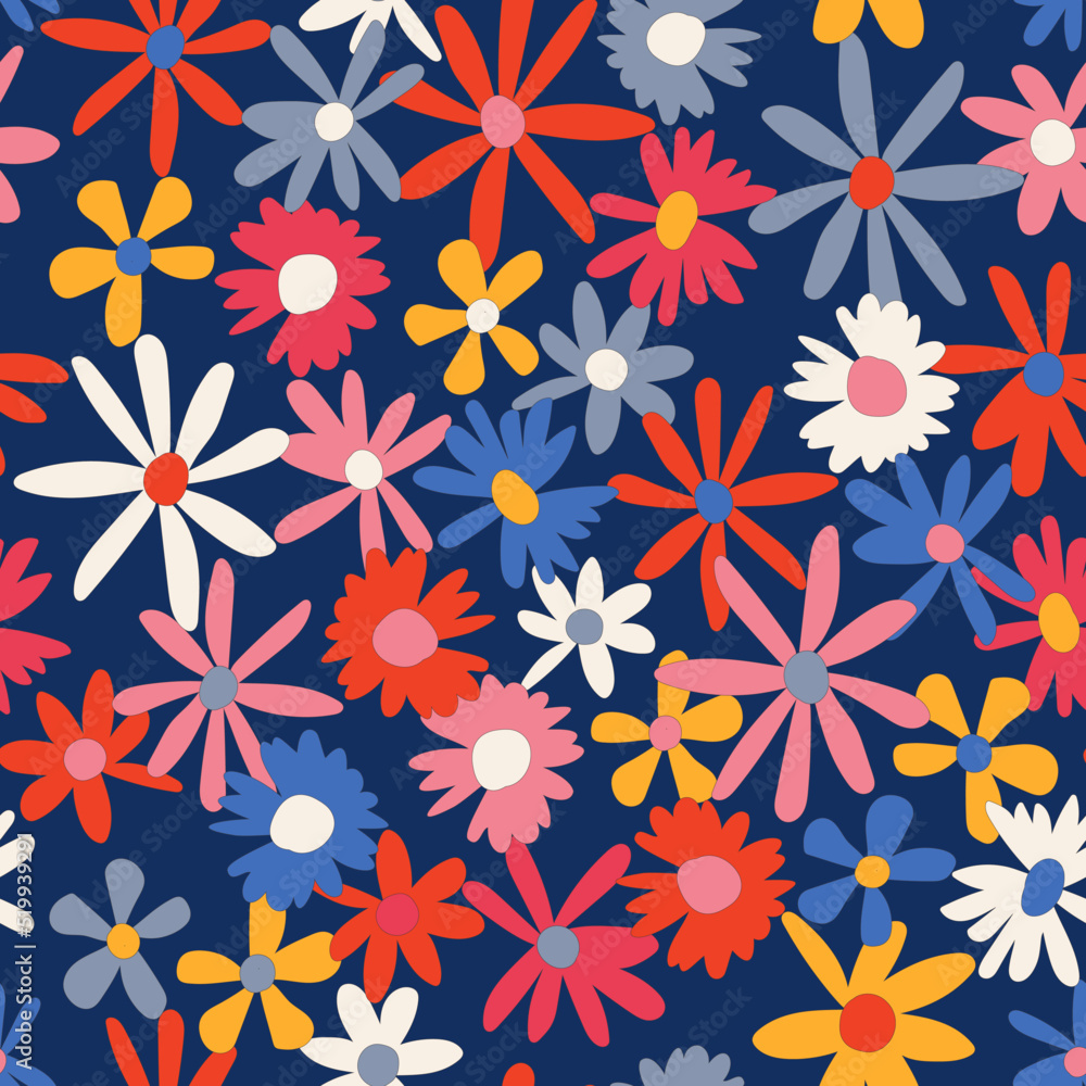 Floral seamless vector pattern. Nostalgic retro 60s-70s groovy print. Vintage floral background. Textile and surface design with old fashioned hand drawn naive colorful flowers