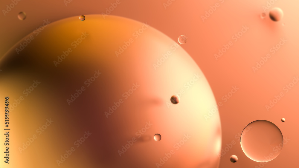 Orange spheres design. Abstract metallic spheres and glass in bright orange color with blur. 3D render.