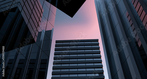 Architectural design of modern buildings in an urban environment.Glass buildings with reflection at sunset. City business, office architecture. 3D render.