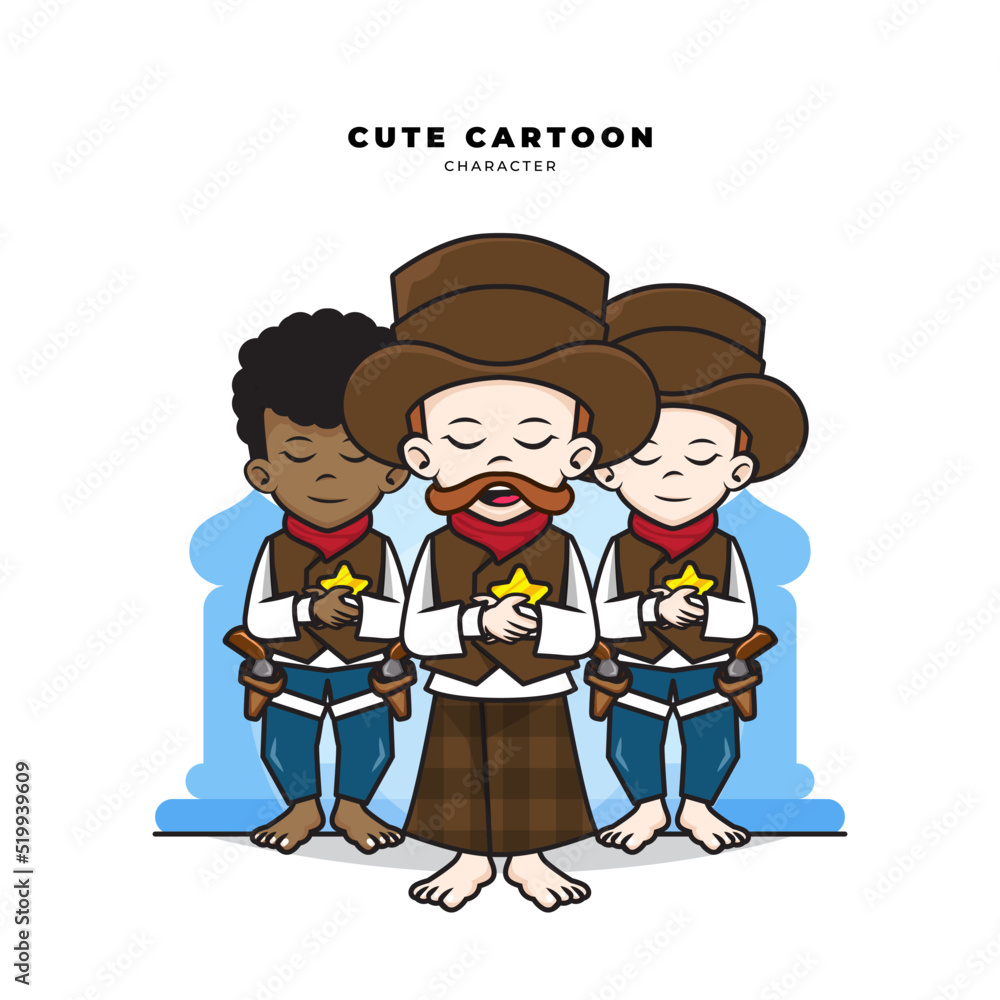 Cute cartoon character of cowboy muslim boys doing congregational prayers