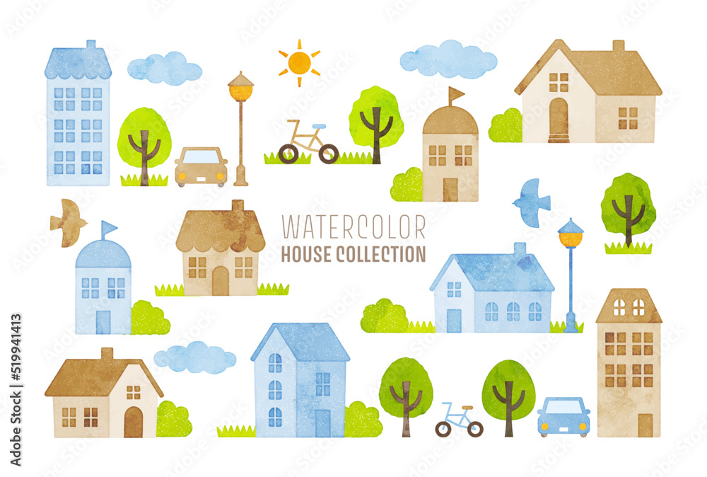 watercolor hand drawn houses illustration (blue and light brown)