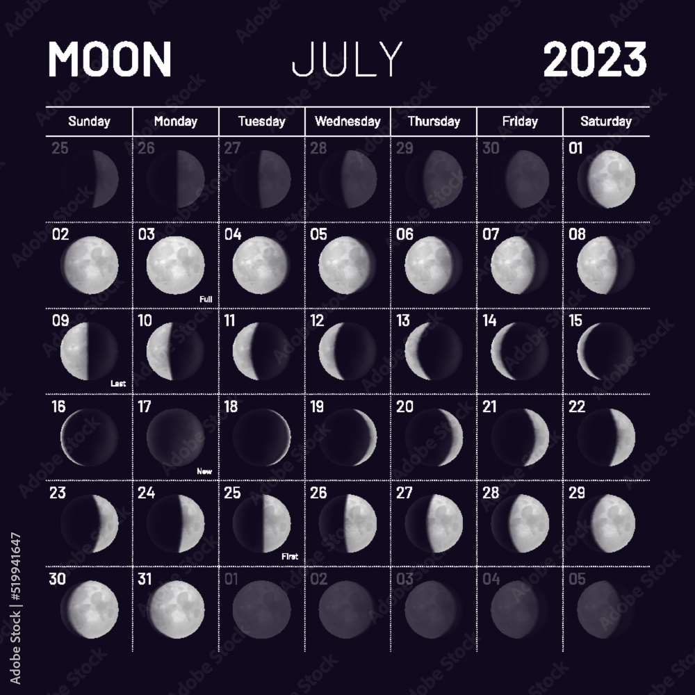 July lunar calendar for 2023 year, monthly cycle planner. Astrological