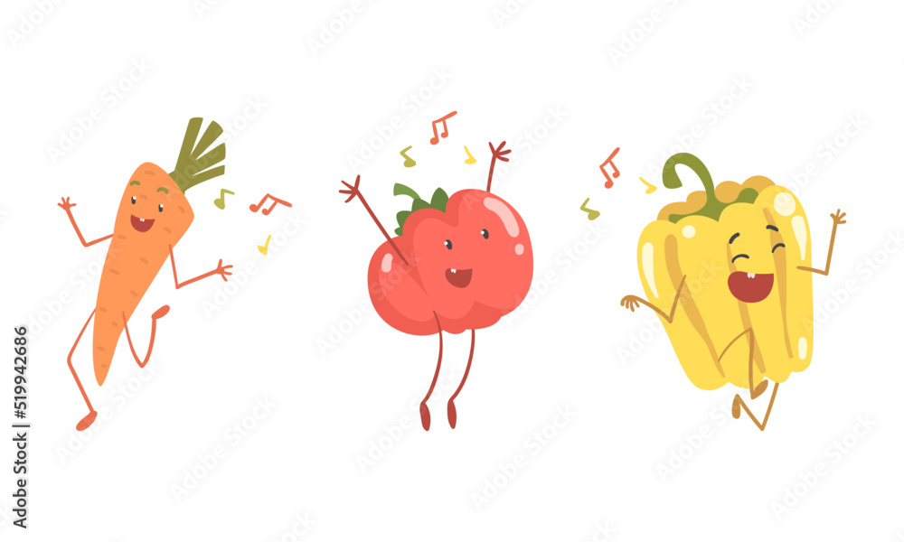 Fototapeta premium Funny Carrot and Tomato Character Dancing Moving Hand and Legs Vector Set