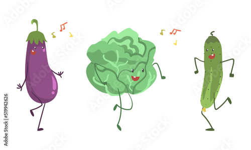 Funny Cabbage and Eggplant Character Dancing Moving Hand and Legs Vector Set
