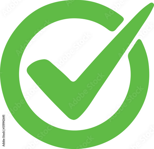 Green check mark icon in a circle. Tick symbol in green color, vector illustration.