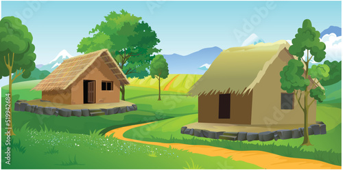 two house in a village with roof made of straws and walls made of clay. green nature mountains