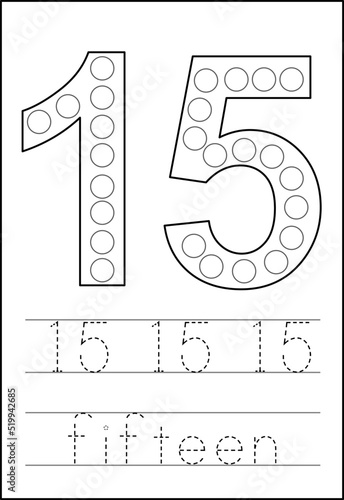 Learning numbers for kids. Number fifteen. Math worksheet.