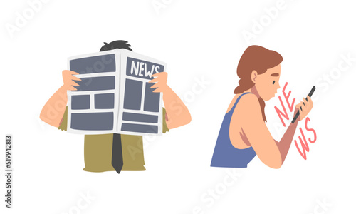 Man and Woman Character Gathering News from Smartphone and Reading Newspaper Vector Set