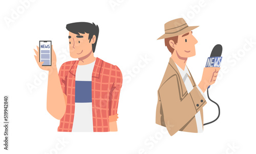 Man Character Gathering News Doing Interview and from Smartphone Vector Set