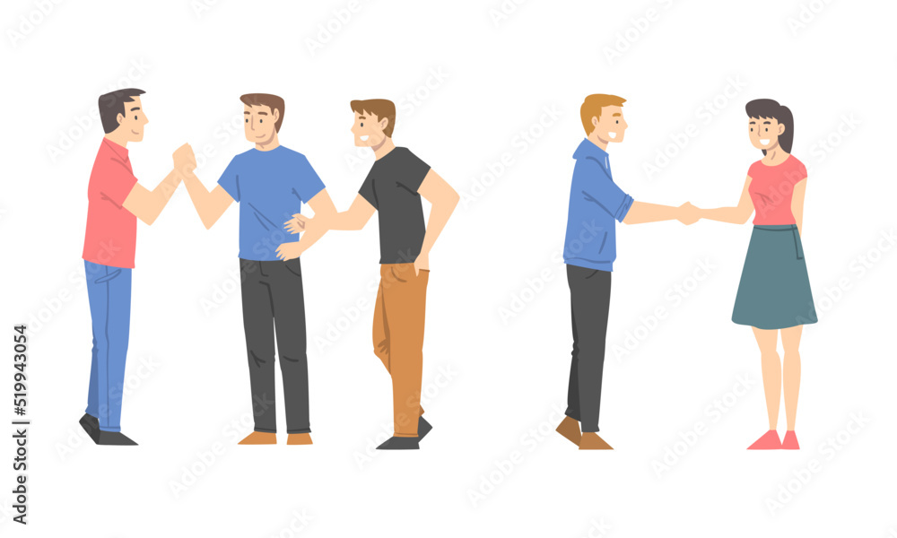 People Character Shaking Hand as Brief Greeting or Parting Tradition Vector Set People Character Shaking Hand as Brief Greeting or Parting Tradition Vector Set