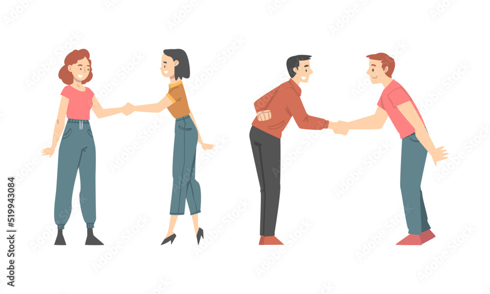 People Character Shaking Hand as Brief Greeting or Parting Tradition Vector Set People Character Shaking Hand as Brief Greeting or Parting Tradition Vector Set