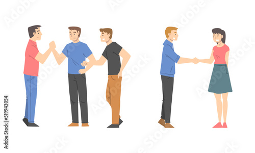 People Character Shaking Hand as Brief Greeting or Parting Tradition Vector Set