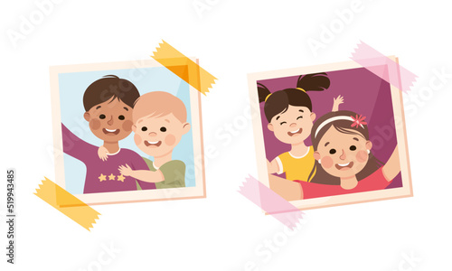 Photo Card or Snapshot with Happy Smiling Children Sticking on the Wall Vector Set