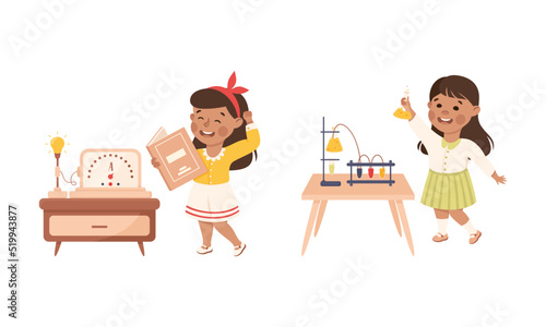 Little Girl Working on Physics Science Experiment with Flask and Light Bulb Vector Set