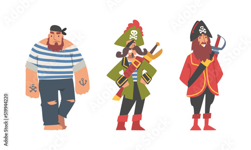 Brutal Man Pirate or Buccaneer Character with Saber and in Striped Vest as Marine Robber Vector Set