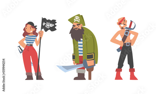 Brutal Man and Woman Pirate or Buccaneer Character with Saber and in Striped Vest as Marine Robber Vector Set