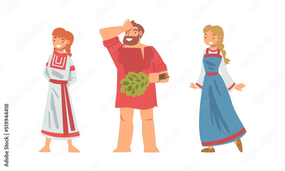 Slav or Slavonian Man and Woman Character in Ethnic Clothing Vector Set Slav or Slavonian Man and Woman Character in Ethnic Clothing Vector Set