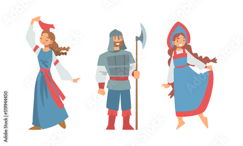 Slav or Slavonian Man and Woman Character in Ethnic Clothing Vector Set