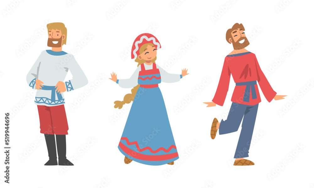 Slav or Slavonian Man and Woman Character in Ethnic Clothing Vector Set