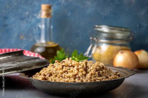 Schilderij op canvas Traditional delicious Turkish foods; bulgur pilaf with green lentils (Turkish na