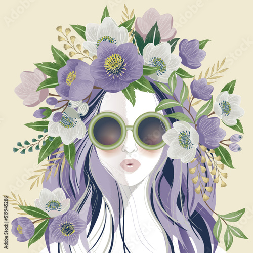 Fototapeta Naklejka Na Ścianę i Meble -  Vector illustration of a girl wearing sunglasses and decorating the hair with flowers. Design for invitation card, picture frame, poster, scrapbook